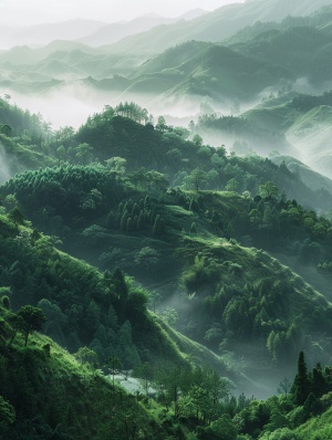 tonwen mei anderlief yhang的红琼丘陵山，以模糊，梦幻般的氛围，翡翠，uhd图像，错综复杂的景观，自然启发的迷彩风格