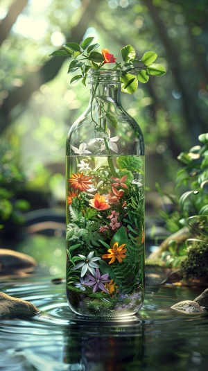 A glass bottle filled with flowers and plants, in a forest by a stream, bright light creates a dreamy scene with exquisite details and a symmetrical composition in the style of a movie poster design. The octane rendering results in high resolution hyperrealistic photography with high detail.