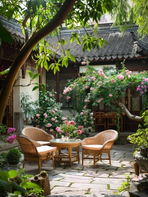 This pastoral courtyard is adorned with a blooming China rose garden on its surrounding walls, permeating the air with its sweet fragrance+A blooming magnolia tree shades several rattan chairs and a tea table, making it a perfect spot for relaxation and conversation+ Water trickles down from a man-made rockery,producing a delightful melody+The courtyard is lush with greenery and abundant flowers, brimming with vitality and natural ambiance, The main building is a traditional quadrangle courtyard surrounded 