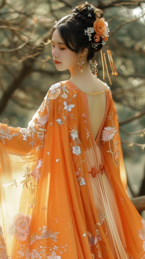 This is a Chinese-style Tang suit and Hanfu wedding dress, with wide sleeves swinging, gradually changing orange X embroidered chiffon fabric, embroidered with plum hairpin and butterfly, and X inlaid with diamond technology. It is elegant, dreamy, high-definition, detailed, full-bodied, drag-and-drop, and dreamy.8k, v 4 ar 2:3