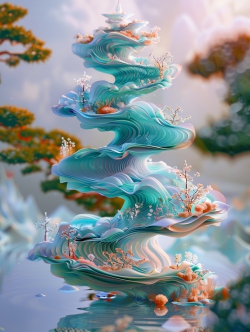 China-Chic style, 3D turquoise landscape painting in the scroll, a scroll floating in the air, delicate, with a lot of text,Chinese ancient minimalism, macro perspective, 3D, OC rendering, surreal details, fantasy, high resolution and ultra-high definition.