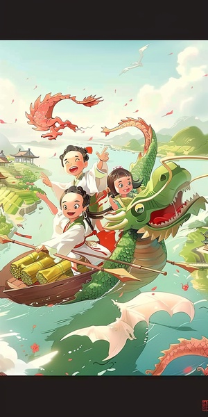 ite dragon . They are flying . Looking down , you can see crops and zongzi on the ground in the distance . There is also a small river with rowing competitions on it . The surrounding is very lively , Chinese Dragon Boat Festival , glutinous rice dumplings , blind box style , pixel style ,3 d rendering , oc rendering ,3 d model , Chinese style illustration , high quality , high clarity , super detail q 2