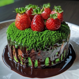 青草蛋糕 裹满了巧克力酱 上面摆放这绿色的巧克力和草莓