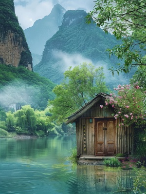 绿水青山，小溪潺潺，有座木屋，门前有颗桃花