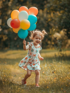 穿着裙子的可爱小女孩手拿彩色气球，快乐的在草地上奔跑，清新画报风