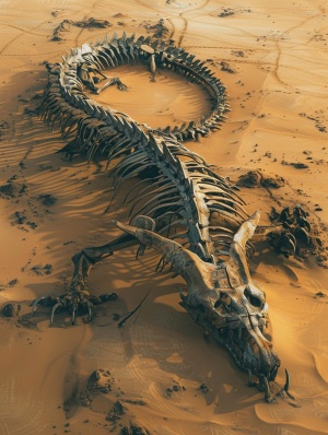 高空航拍，荒凉的沙漠下方一个巨大的龙脊骨化石，骨架完整，成s型延绵几公里，飞行全景镜头，高清，逼真，32k v