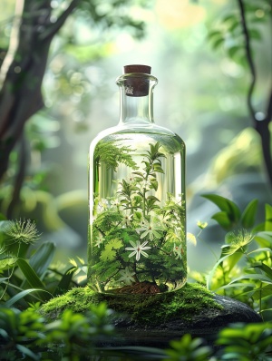 森林，泉水，青苔，石台为背景，一只玻璃瓶，里面装满各色植物，景深虚化，瓶子特写