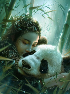 熊猫和亚洲古代仙气十足的女子在一片高大的竹林中，女子面容精致，熊猫刻画清晰，灵动，超逼真，超高清，风很大，女子依偎在熊猫怀里