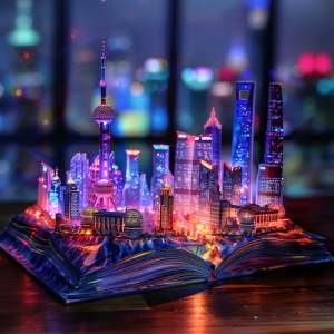 🌟描述词：Open holographic magic book with 3d model ofShangHai grow from this, holographic style, ultra detai!at night🌟模型：神思绘韵🌟画面风格：通用