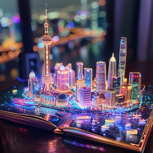 🌟描述词：Open holographic magic book with 3d model ofShangHai grow from this, holographic style, ultra detai!at night🌟模型：神思绘韵🌟画面风格：通用