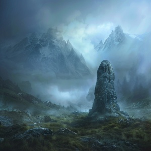 正前方有一块石头，周边被浓浓的山雾围绕着，后面有几座若隐若现的小山峰，就像仙境一般