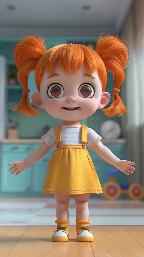 这张图片展示的是一个可爱的小女孩，她的名字叫Lily，有一对毛茸茸微大眼睛，橘色的小辫子，胖乎乎的身材，微笑的脸，晶莹剔透的皮肤，穿着漂亮的裙子和鞋。场景是在幼儿园里玩耍，她非常喜欢上幼儿园，喜欢和小伙伴们一起探索幼儿园里的奇妙世界。3D动画感，高清，Animation stylize 750 v 6雷米