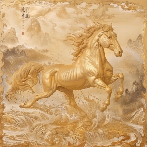 A golden horse signifies wealth at first sight, with a spirited and heroic demeanor.Galloping across the heavens and earth,it dispels worries and brings abundant fortune and boundless blessings.