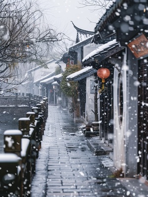 江南古镇，冬季飘雪。静默而幽雅的风景，迎来自然之美与人文之趣的完美结合。白茫茫的雪花点缀在古巷石板路上，余雪初霁之时，即可看到昏黄的灯光透过小店的窗户飘散出来，刻画出古镇的古朴温暖。江边柳枝随风摆动，寂静的就像一个画卷。这张照片印象呈现出江南的经典景色，宁静而又富有生命力，它让每个人都能感受到自然和人文共存的美好。