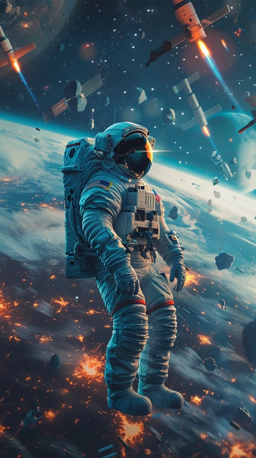 科幻宇宙中，宇航员漂浮在太空俯视地球，背景火箭升空，人工卫星环绕，梦幻