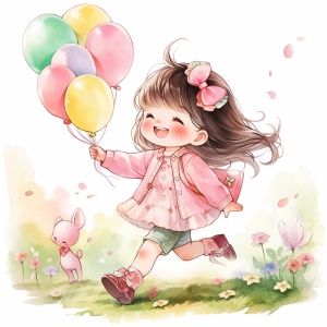 穿着粉色裙子的可爱小女孩手拿彩色气球，快乐的在草地上奔跑