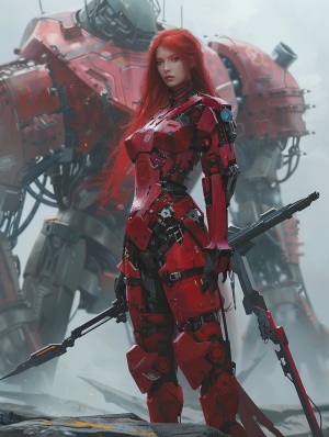 一位漂亮的女战士，穿着红色战甲服，红色长头发，手里有武器，站在巨大的机甲前。