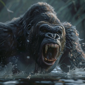 Generate a realistic photograph of a gorilla in a shallow sea area. He is angrily opening his mouth to roar, issuing a challenge to his enemy. The scene is illuminated by natural light, and the image quality should be akin to 16K resolution.