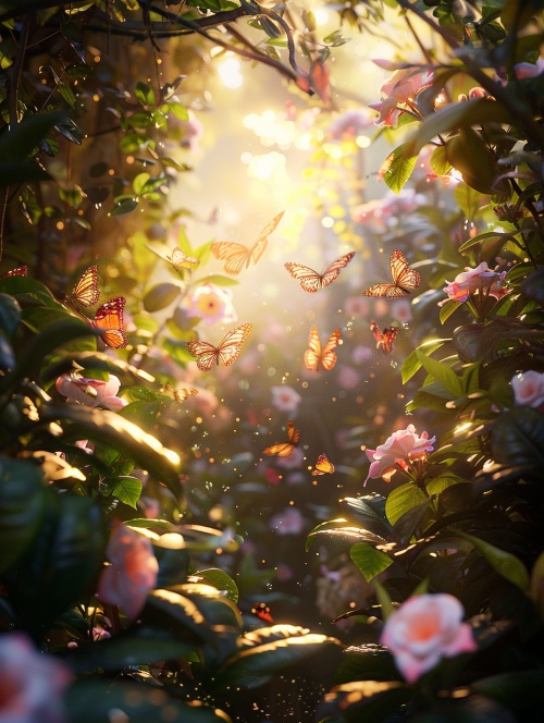 开满栀子花和植物的花园，成千上万的蝴蝶，明亮的光线创造了一个梦幻般的场景，精致的细节和对称的构图，具有电影海报设计的风格。辛烷值渲染导致具有高细节的高分辨率超真实摄影，近景，全景，长焦。
