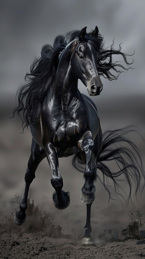 一匹来自阿拉伯的纯种马，拥有闪亮的黑色皮毛和长长的鬃毛，肌肉线条分明，展现出优雅的力量感。