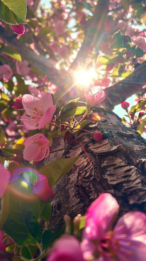 真实摄影作品，沿着树干抬头往上看，枝头开满了美丽的花朵，阳光从缝隙间照耀下来，美不胜收，光线明亮，色彩鲜艳，层次感分明，细节逼真 v 6.0 ar 9:16