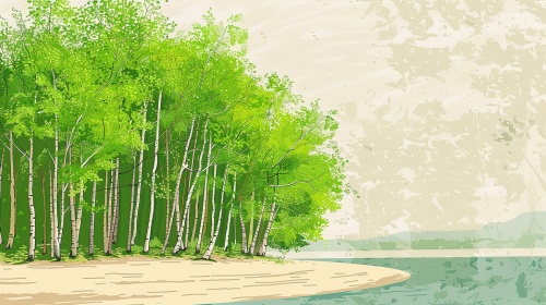 绿杨成荫的白沙堤。场景要素包括湖东、绿杨、白沙堤，表现出一种宁静舒适的环境氛围。