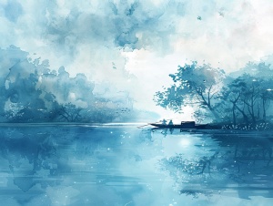 水彩画，江南风情，清新，背景雾霾蓝，唯美古风治愈系插画