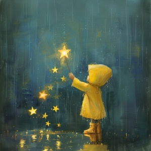 一位小朋友在雨中抱着星星穿着雨衣