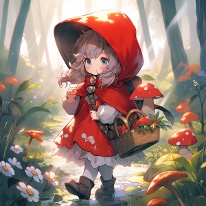 深林，小红帽女孩，长到地上的头发，百花开，遍地蘑菇，提着小竹篮，小泉水边，
