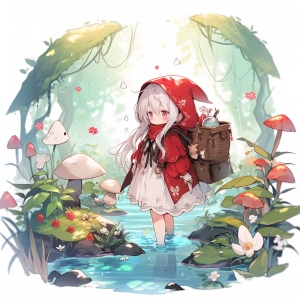 深林，小红帽女孩，长到地上的头发，百花开，遍地蘑菇，提着小竹篮，小泉水边，