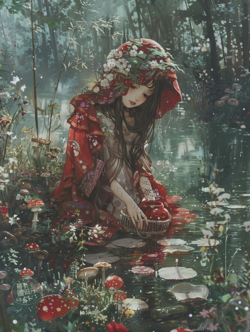 森林，小红帽女孩，长到地上的头发，百花开，遍地蘑菇，拿小竹篮，小泉水边，蓬蓬裙，