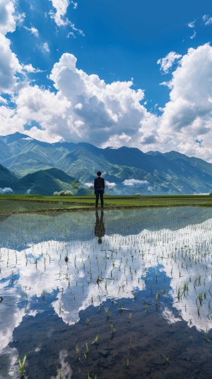 一半画面一个男人站在一片稻田里，画面一半，远处有山天空蓝天白云