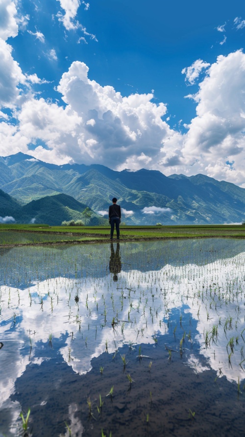 一半画面一个男人站在一片稻田里，画面一半，远处有山天空蓝天白云