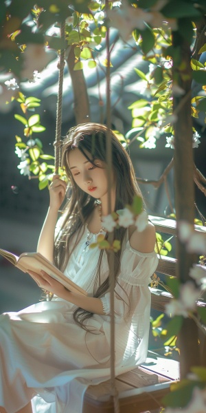 小院子里，长发白衣美少女坐在花藤下面的秋千上看书，阳光透过枝叶现在脸上恬静美好