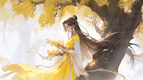 云南傣族寺庙旁高 20米的无忧树，一妙龄长发飘飘的女子，身穿白色衣服，腰间系着黄色金丝腰带，在无忧树下冥想，无忧花落在她的膝盖上
