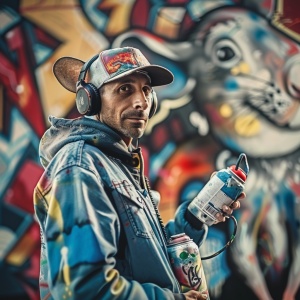 1．鼠：一个时尚的街头艺术家，身着涂鸦风格的服装，戴着耳机，手中拿着喷漆罐，背景是他的街头艺术作品