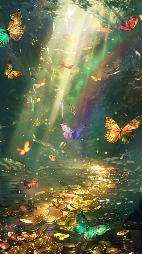 彩虹透明水中有好多金币金沙金箔还有一些漂亮的蝴蝶