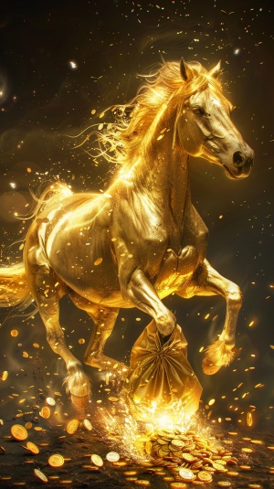 一匹金色发光的骏马驮着一个大钱袋子里面装满了金币，散发着金色的光芒万丈