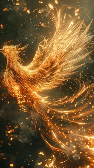 金色凤凰展翅高飞，散发着万丈光芒金色的花火