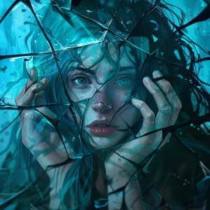 漫画，一个蓝眼睛的女人双手抱头，头发迎风，透过破碎的玻璃窗向外看，Artgerm，stanley Artgerm lau，一幅人物肖像，自毁艺术