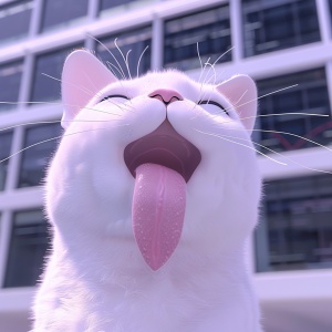 那只可爱的白猫正在用舌头做出心形表情。特写镜头展示了嘴巴、粉红色的嘴唇和苍白的皮肤,还涂有黑色的眼妆。模糊的背景是一栋带有模糊效果的办公大楼。动漫风格,矢量插图风格,近距离视图,近景拍摄,以中国朋克风格进行C4D渲染。