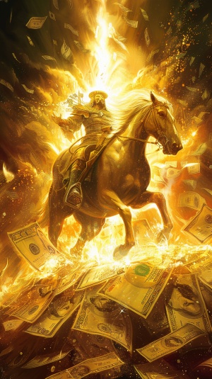 金色的骏马驮着钱袋子正面的奔跑过来！光芒万丈，熠熠生辉金色的光芒闪闪发着金光