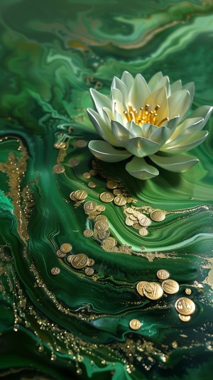 绿色的莲花在绿色的河水里绽放，上面布满了金币金沙金箔