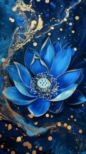 青色的莲花在青色的河水里绽放，上面布满了金币金沙金箔