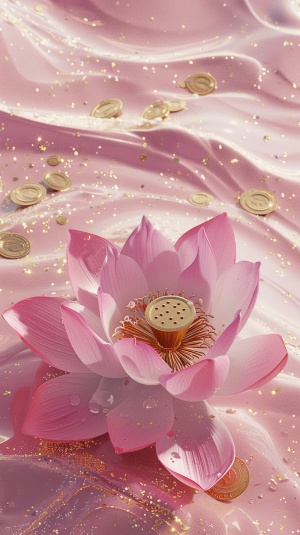 粉红色的莲花在粉红色的河水里绽放，上面布满了金币金沙金箔
