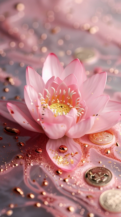 粉红色的莲花在粉红色的河水里绽放，上面布满了金币金沙金箔