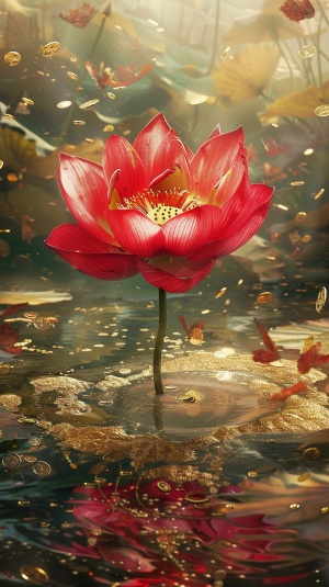红色的莲花在红色的河水里绽放，上面布满了金币金沙金箔