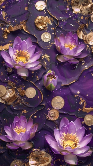 紫色的莲花在紫色的河水里绽放，上面布满了金币金沙金箔
