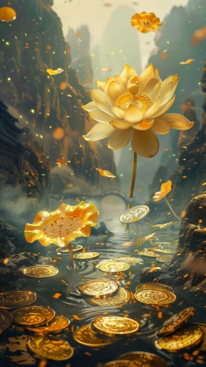 黄色的莲花在黄色的河水里绽放，上面布满了金币金沙金箔