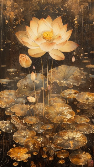 咖啡色的莲花在咖啡色的河水里绽放，上面布满了金币金沙金箔